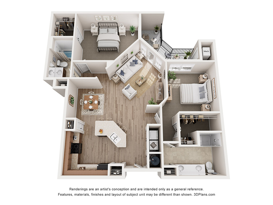 Floor plan for 2 beds, 2 baths, 1291 sqft